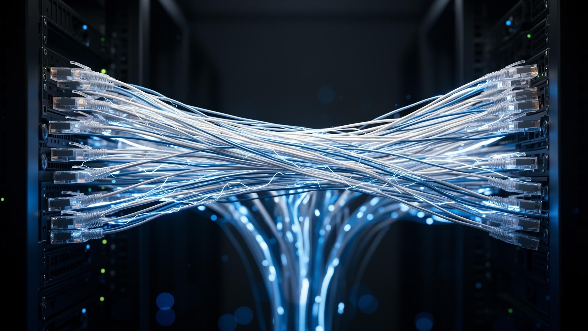 Glowing fiber optic and ethernet data cables in a high-tech server room